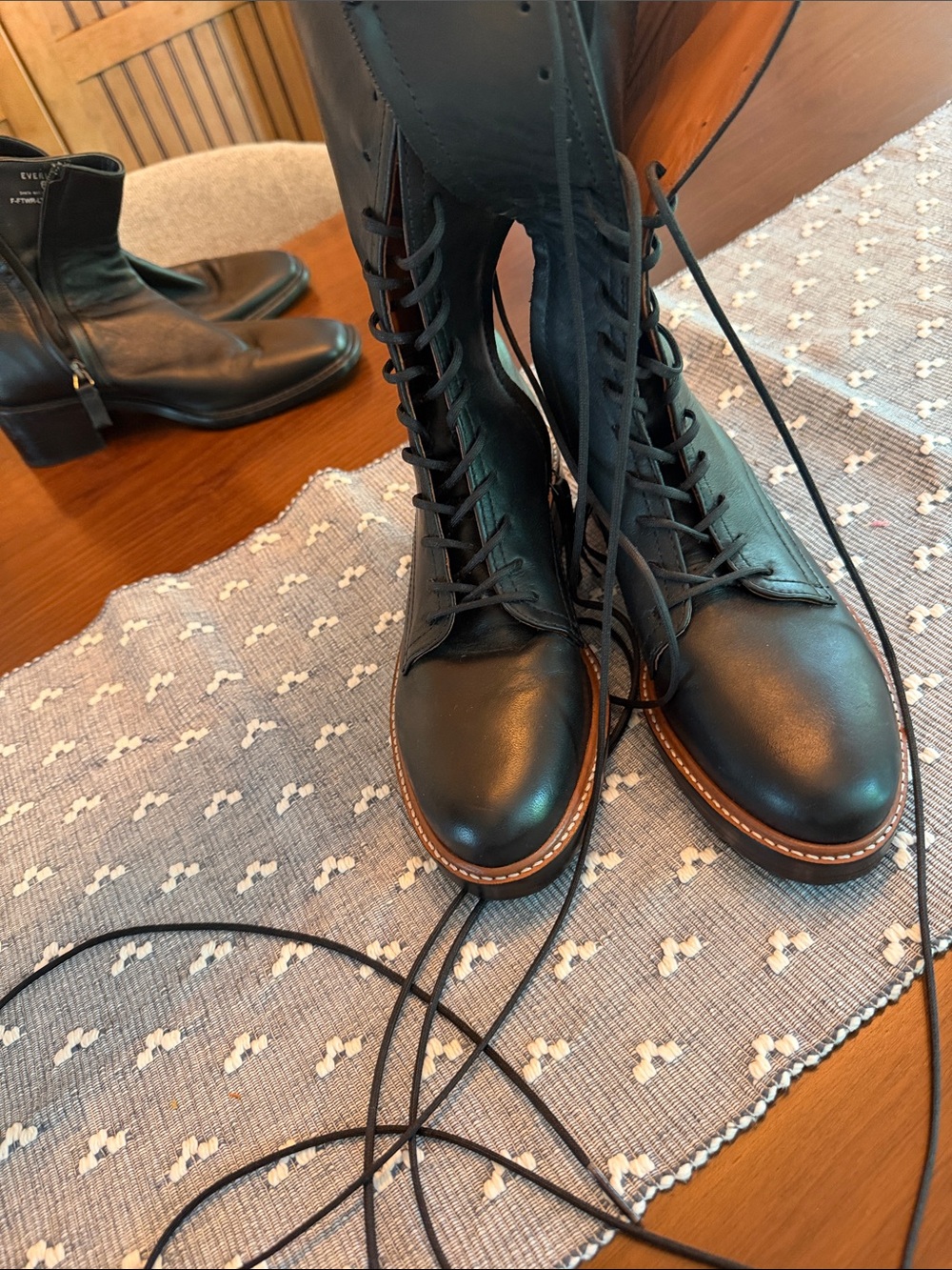 Reformation Black Leather Lace-Up Combat Boots with Brown Trim - Picture 2 of 3